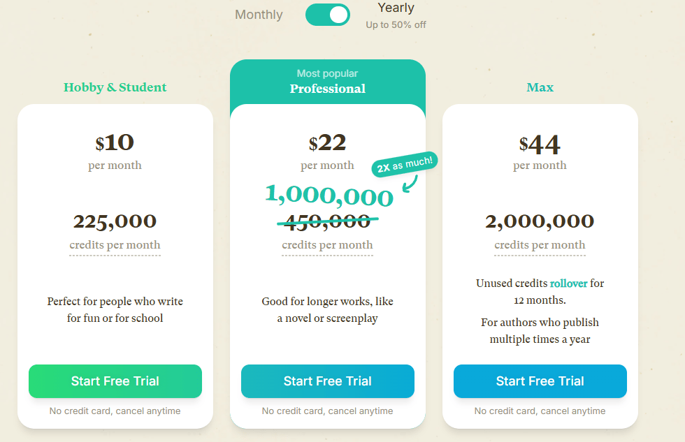 Sudowrite pricing plans 2026 — Hobby, Professional & Max plan comparison